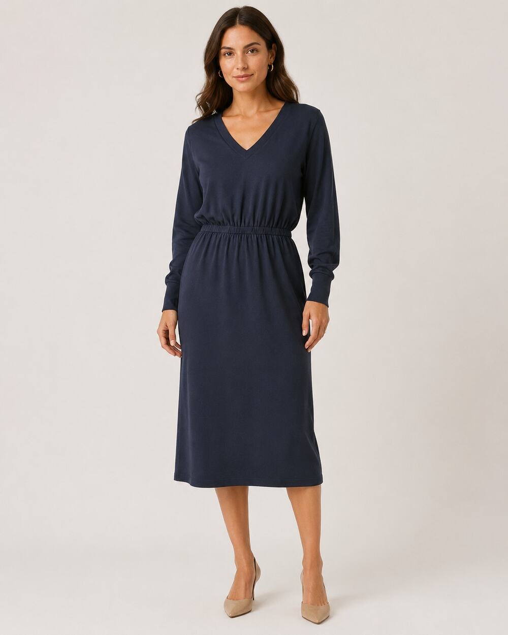 Stateside Women's Navy Large V-Neck Cotton Spandex Elastic Waist Midi Dress